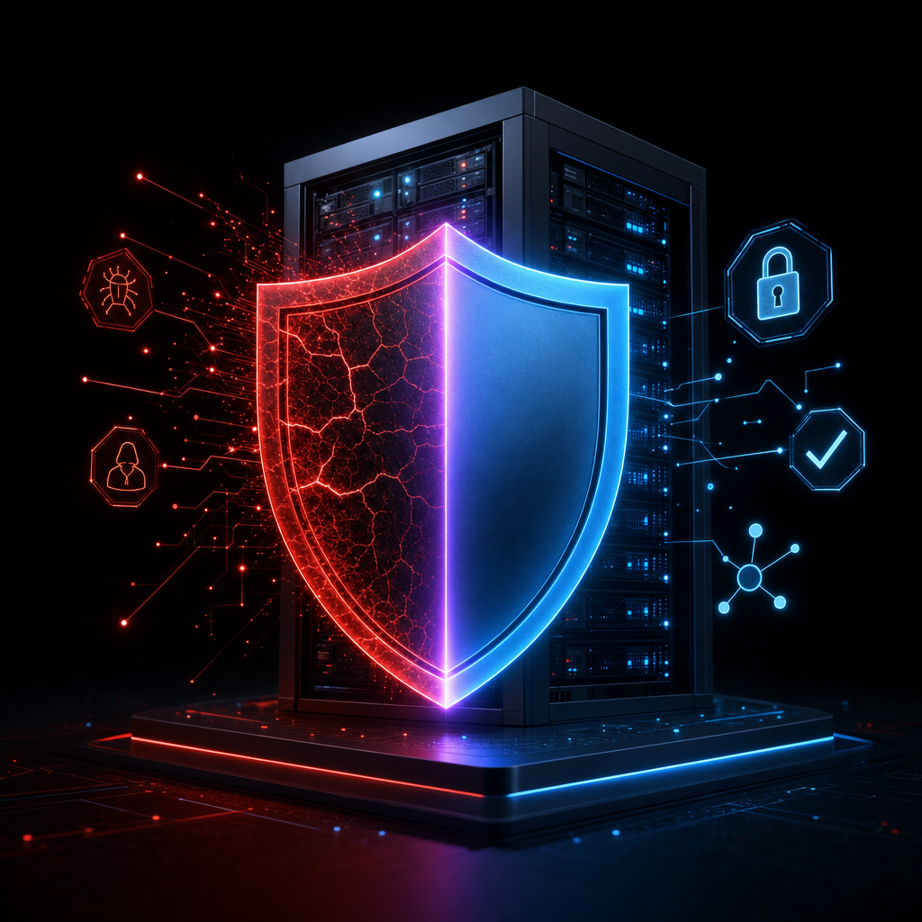 Split shield illustration representing attack and defense balance